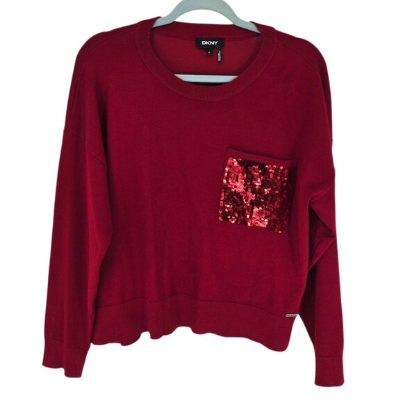 DKNY womens size medium rudolph red long sleeve sweater sequin pocket - Picture 1 of 11